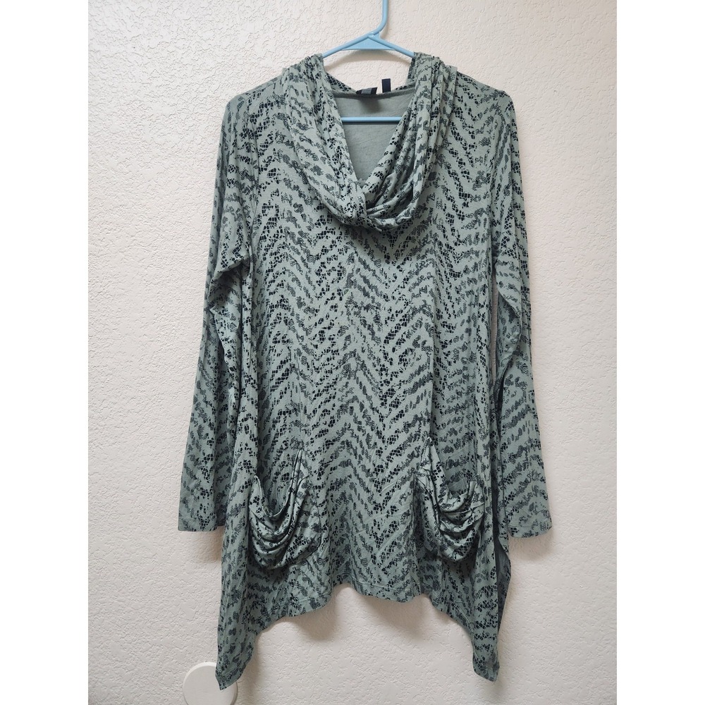 BLUE Saks Fifth Avenue Women L Green Cowl Neck Hoodie Tunic Top Chevron Pocket